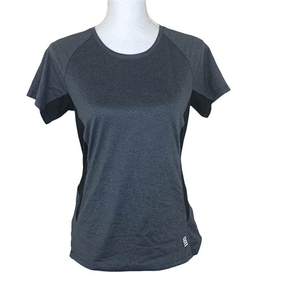 Second Skin Women's Short Sleeve Workout Top Gray Size M Striped Athletic